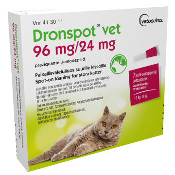 DRONSPOT VET paikallisvaleluliuos 96 mg / 24 mg 2 x 1.12 ml